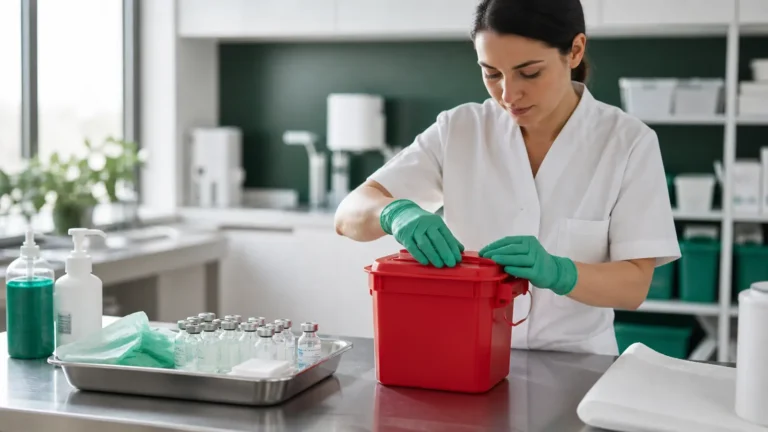 Profesional sanitaria cerrando un recipiente rígido para residuos citotóxicos