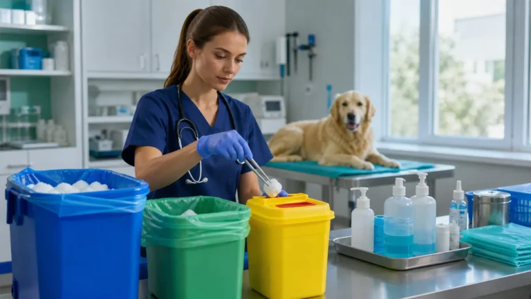 Veterinaria separando material de cura y punzantes en recipientes adecuados