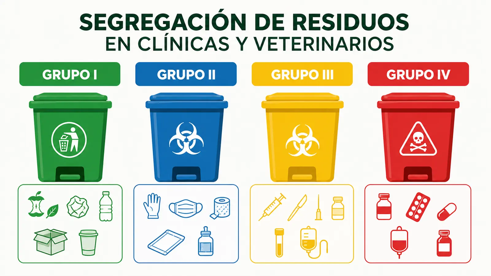 Segregación de residuos sanitarios por grupos Infografía de segregación de residuos en clínicas y centros veterinarios