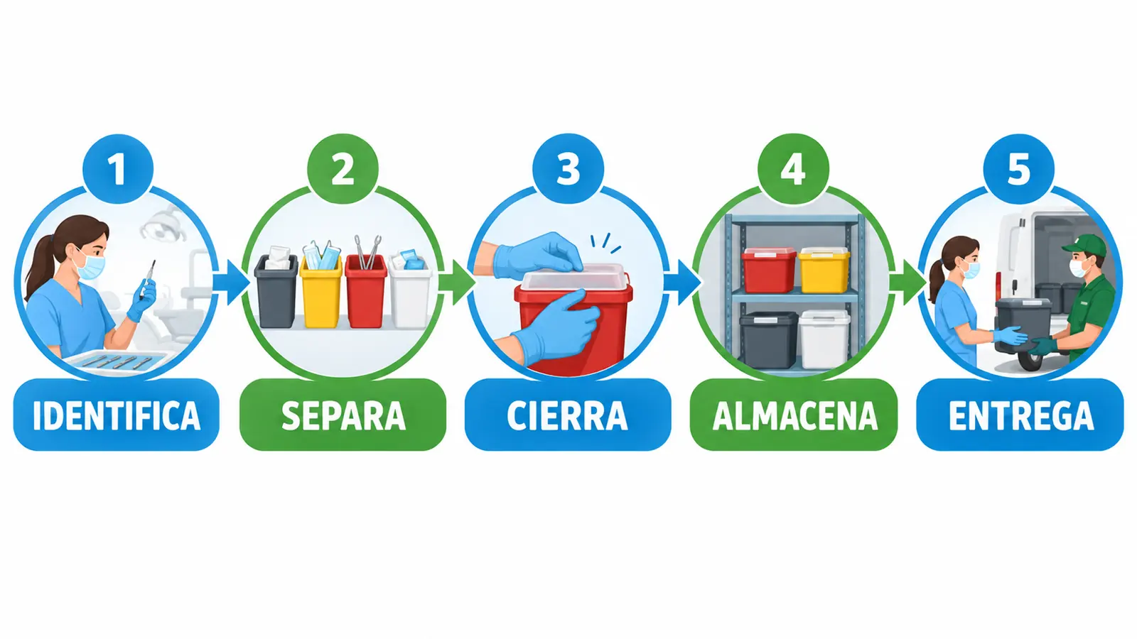 Circuito de residuos en una clínica dental Circuito de identificación, separación, cierre, almacenamiento y entrega de residuos dentales