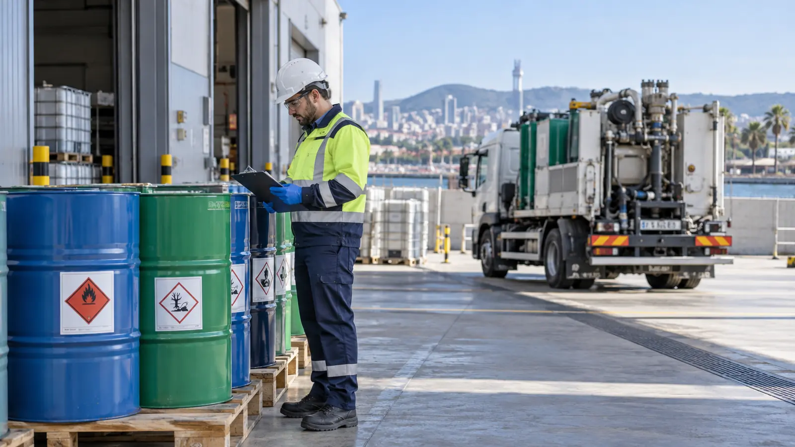 Operaria coordinando la recogida de residuos industriales en una nave de Barcelona