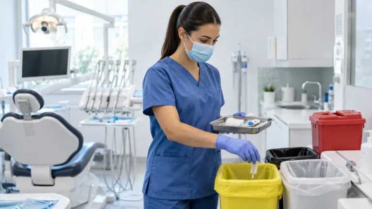 Profesional dental separando residuos en recipientes específicos dentro de una clínica
