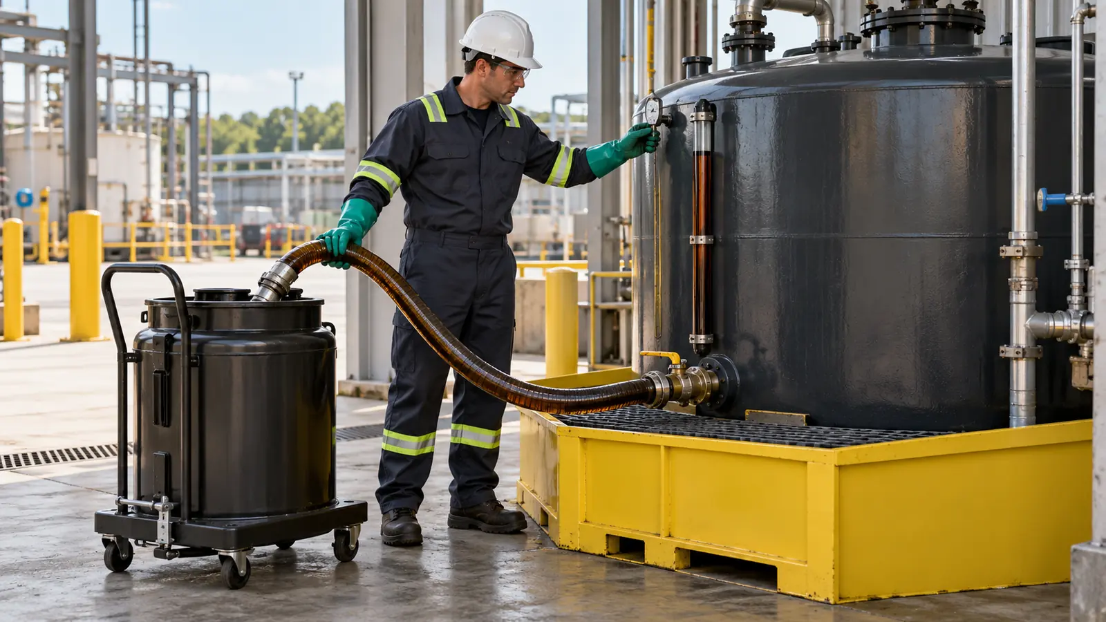 Técnico inspeccionando un depósito de aceite usado industrial con cubeto de retención