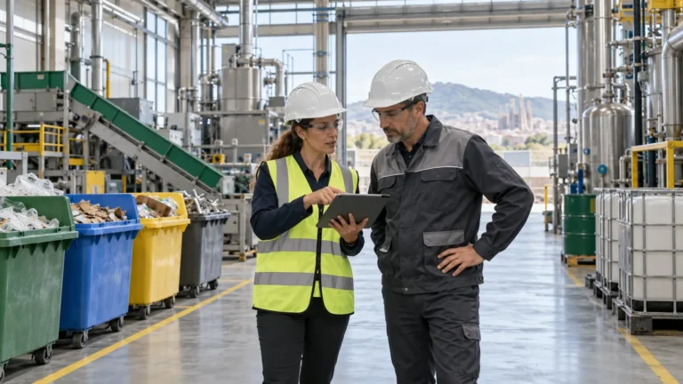 Consultora ambiental revisando datos de una empresa industrial de Barcelona