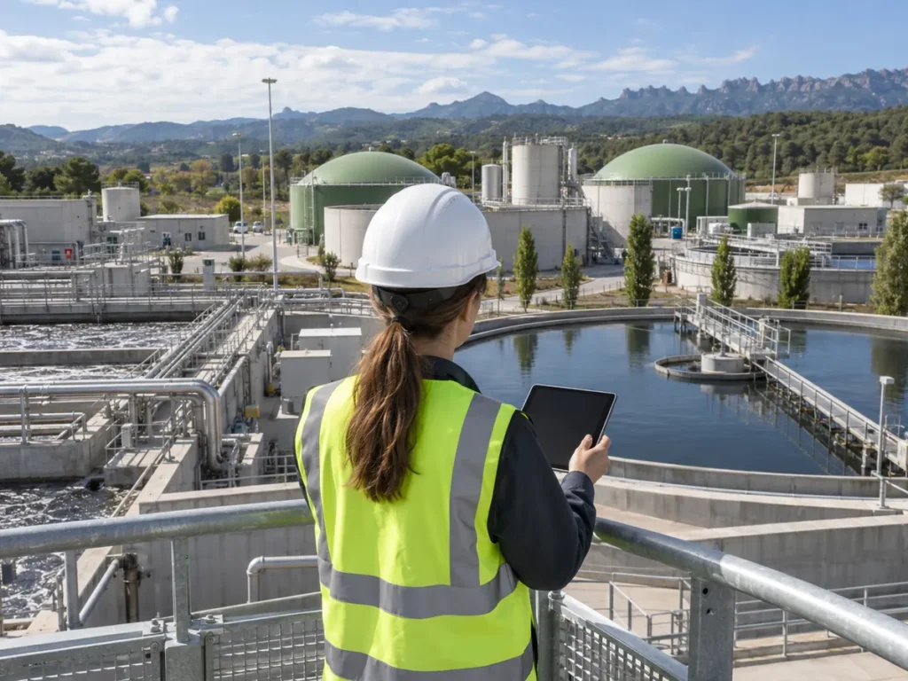 Ingeniera observando una planta de tratamiento desde una pasarela