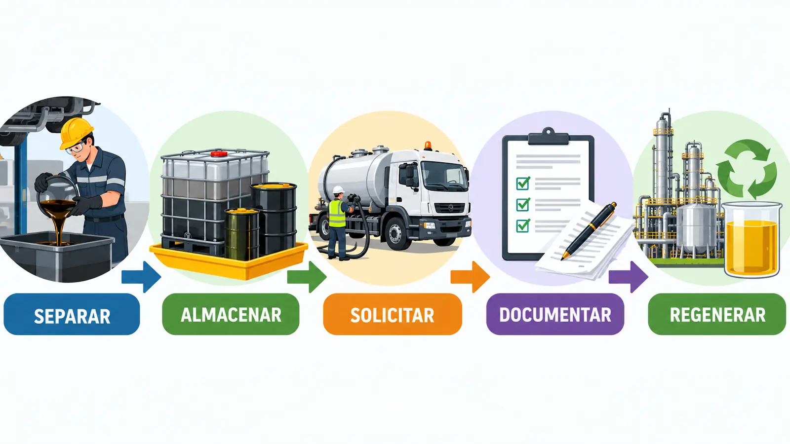 Proceso de separar, almacenar, registrar, recoger y regenerar aceites usados industriales en Cataluña