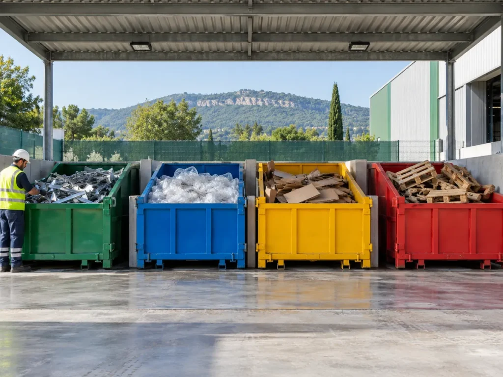 Contenedores industriales para metal, plástico, cartón y madera separados bajo una marquesina