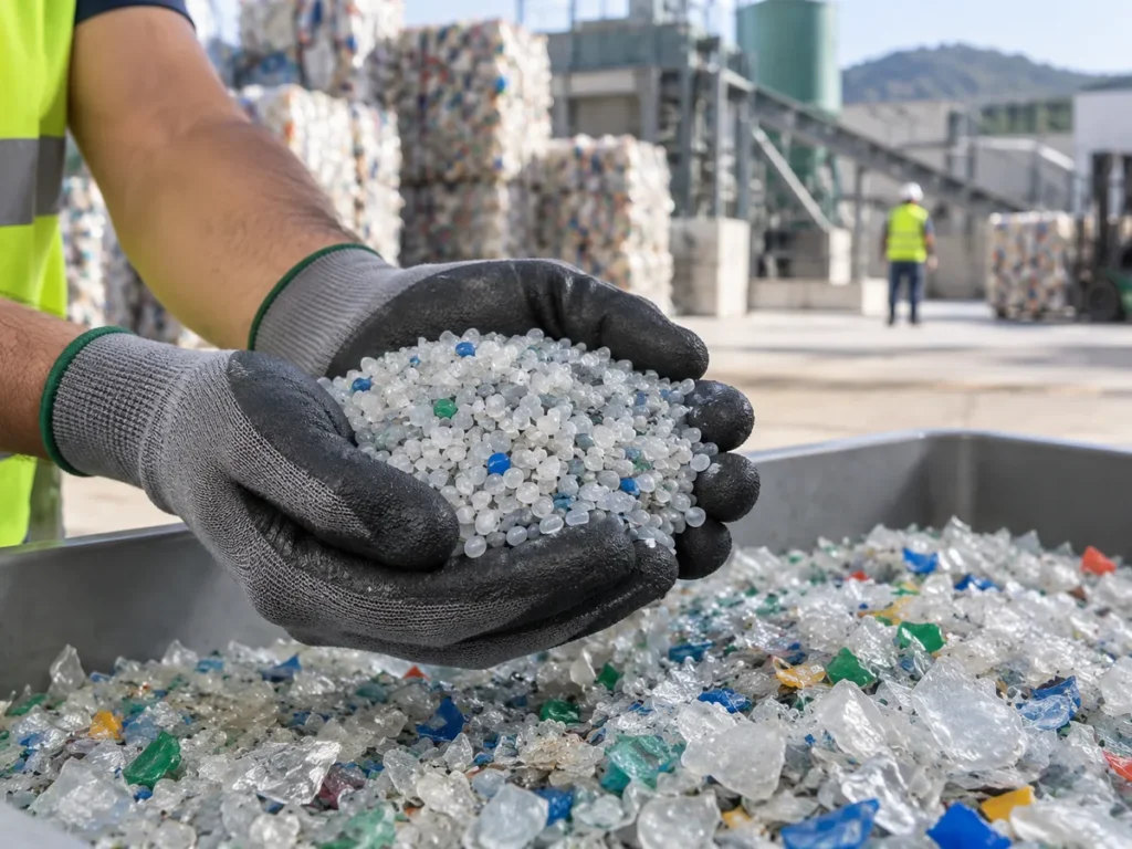 Manos con guantes sosteniendo granza de plástico reciclado obtenida a partir de residuos